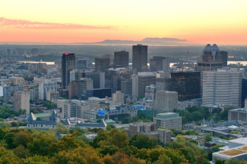 Downtown Montreal, with McGill University in the foreground and Mont Saint Bruno in the distance